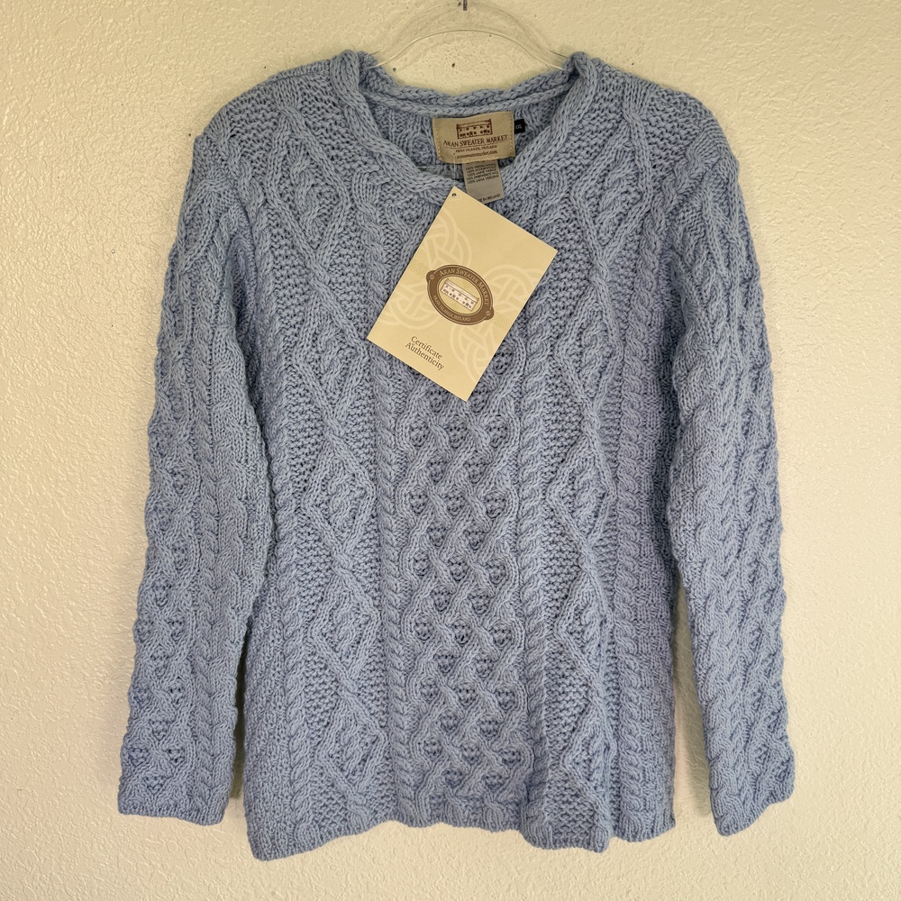 Aran Sweater Market Sweater Womens XXL Wool Cable Knit Crew Neck Pullover Blue